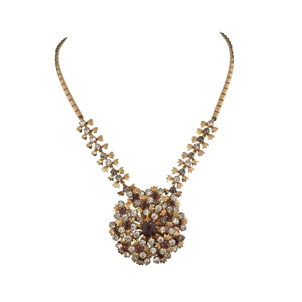 Vintage 1950s Rhinestone Floral Pendant Necklace Gold Tone Mid Century - 10S
